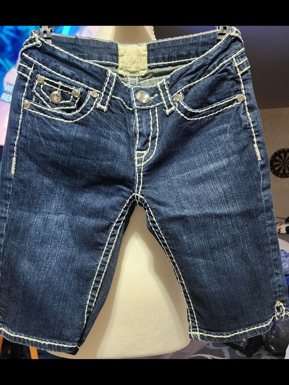 L.A. idol Dark Blue Denim Ankle-Length Bermuda Shorts with Contrast Stitch Sz 5